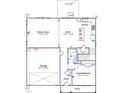 First floor blueprint featuring an open floor plan with a living room, eat-in kitchen, guest bedroom, and garage at 90 Cordoba Dr, Franklinton, NC 27525