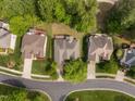 Aerial view of homes with lush landscaping, private yards, and well-maintained roofs at 107 Weslyn Trace Dr, Durham, NC 27703