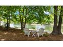 Tranquil lake view from a peaceful seating area under mature trees at 116 Hibiscus Dr, Clayton, NC 27527