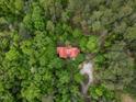 Aerial view of a red-roofed house surrounded by a dense forest of green trees at 2917 Ericka Dr, Hillsborough, NC 27278