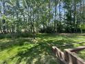 Lush backyard featuring vibrant green grass, mature trees, and wooden landscaping at 125 Occidental Dr, Holly Springs, NC 27540