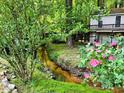 A tranquil backyard view with a gentle creek, lush greenery, pink flowers and a glimpse of the home at 1846 Forest Wood Rd, Rocky Mount, NC 27804