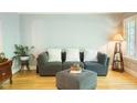 Comfortable sitting area featuring plush gray sofa, ottoman, and decorative accents at 201 Johnstone Ct Ct, Durham, NC 27712