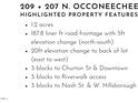 Highlighted property features include 1.2 acres, road frontage, elevation changes, and proximity to downtown and Riverwalk access at 209 N Occoneechee St, Hillsborough, NC 27278