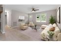 Bright living room with neutral decor, large windows, stylish furniture, and a ceiling fan at 1205 Freeman Dr, Sanford, NC 27330