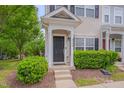 Inviting entryway with a black front door, small porch, and manicured bushes enhancing curb appeal at 3114 Courtney Creek Blvd, Durham, NC 27713