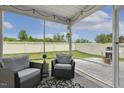 Relaxing screened patio with outdoor seating overlooking a fenced backyard at 575 Dawley Dr, Fuquay Varina, NC 27526