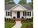 Charming single-story house with a manicured lawn, blue door, and black window shutters at 107 E Underwood Ave, Smithfield, NC 27577