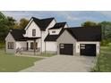 Rendering of a modern farmhouse-style home with white siding, gray accents, black windows, and an attached two car garage at 123-125 Ottawa Dr., Louisburg, NC 27549