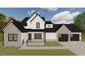 Rendering of new home with white and gray siding, black roof, large windows, and an attached two-car garage at 123-125 Ottawa Dr., Louisburg, NC 27549