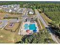 Overhead view of community pool and recreation area, surrounded by lush trees and well-maintained neighborhood at 743 Hadstock Path Path, Zebulon, NC 27597