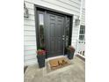 A stylish black front door with sidelights, potted flowers, and a welcome mat at 2708 Tryon Pines Dr, Raleigh, NC 27603