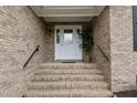 Close up of the brick staircase leading up to the front door with glass accents and a potted plant at 4589 Freedom Dr, Burlington, NC 27215