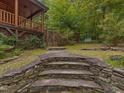 Stone steps lead to a backyard with mossy ground and wooded perimeter at 123 Beech Forest Way, Pittsboro, NC 27312