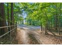 Gravel driveway leading through a gated entrance, framed by mature trees and lush greenery at 54 Malcolm Neal Path, Louisburg, NC 27549