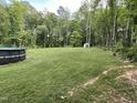Large backyard featuring green grass, mature trees, a storage shed, and an above-ground pool at 4072 Mackenzie Dr, Haw River, NC 27258