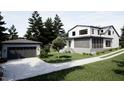 Beautiful exterior elevation features a two-story design, inviting front porch, and detached garage at 909 Oberlin Rd, Raleigh, NC 27605