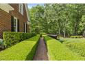 Brick walkway bordered by manicured hedges and lawn at 10825 Rondeau Woods Ct, Raleigh, NC 27614