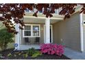 Inviting front porch featuring a black door, seating and lovely flowering shrubbery at 621 Childsberg Way, Hillsborough, NC 27278