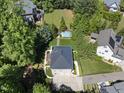 Aerial view showcases a beautifully landscaped property, swimming pool, and serene surroundings at 3617 Carlow Ct, Raleigh, NC 27612