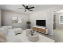 Inviting living room features a large window, sectional sofa, ceiling fan, and neutral decor at 4204 Green Rd, Raleigh, NC 27604