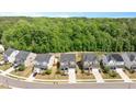 Aerial view showcases a neighborhood with well-maintained homes and lush greenery, surrounded by a dense forest at 745 Orange Oak Ln, Apex, NC 27523