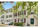 Attractive townhome with red shutters, white trim, and a well-manicured lawn at 8640 Neuse Landing Ln # 110, Raleigh, NC 27616
