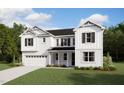 This two-story home has white siding, black shutters, a two-car garage, and a well-maintained lawn at 3725 Lebrun Path # 151 Lassen Fh, Fuquay Varina, NC 27526