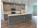 Modern kitchen with an island, stainless steel appliances, and hardwood floors at 808 Hillfarm Dr, Wake Forest, NC 27587