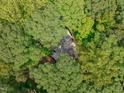 Aerial shot of a charming home surrounded by dense trees and lush greenery, offering privacy and a natural setting at 7116 Asheway Dr, Holly Springs, NC 27540