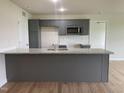 A modern kitchen features gray cabinets, a granite island, and stainless steel microwave at 167 Lotus Ave, Smithfield, NC 27577