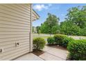 Exterior side view of the home with lush greenery and a glimpse of the neighborhood street at 9805 Precious Stone Dr, Wake Forest, NC 27587