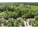 Overhead view of a neighborhood showcases a home with mature trees, a driveway, and lush landscaping at 112 Roseberry Way, Holly Springs, NC 27540