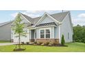 Charming home featuring light blue siding, a brick foundation, a manicured lawn, and a young tree at 529 Winding Creek Drive Dr, Lillington, NC 27546
