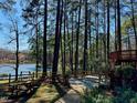 A beautiful backyard with wooden walkway leading to the lake, complete with a picnic table at 11813 Edgewater Ct, Raleigh, NC 27614