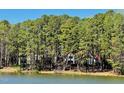 Secluded lake house with a red roof, surrounded by towering trees providing privacy at 11813 Edgewater Ct, Raleigh, NC 27614