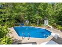 Refreshing backyard swimming pool with mature trees and a basketball hoop for outdoor fun and relaxation at 2113 Port Royal Rd, Raleigh, NC 27609