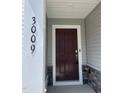 Close-up of the front door showcasing house number 3009 and a stylish, covered entry at 4002 Silver Oak Ln # 96, Durham, NC 27703
