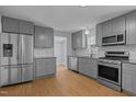 Modern kitchen featuring stainless steel appliances, gray cabinetry, and stylish countertops at 401 Haywood St, Raleigh, NC 27601