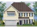Rendering of two-story home showcasing shuttered windows, a two-car garage, and a welcoming front entrance at 15 Guardian St, Youngsville, NC 27596