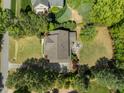 Aerial view of home showcasing landscaped backyard, patio with outdoor seating, and mature trees at 3913 Orchard Point Ct, Apex, NC 27539