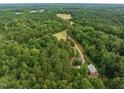 Overhead angle showcases the home nestled amidst dense woodland and the expansive driveway at 260 Woody Ln, Oxford, NC 27565