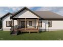 Rendering of a home with a covered deck and white siding with black window trim at 101 Cochise Cv, Louisburg, NC 27549