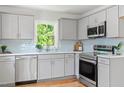 This kitchen features light grey cabinets, stainless appliances, and a subway tile backsplash at 2540 Atlantic St, Durham, NC 27707