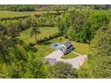 A stunning aerial view of a home with a backyard pool, a long private drive, and surrounded by beautiful trees at 3010 Blueberry Ln, Chapel Hill, NC 27516