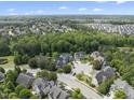 Expansive aerial view of a neighborhood featuring well-maintained homes surrounded by lush trees at 401 Clingstone Ct, Cary, NC 27519