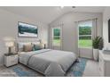 Staged main bedroom with neutral walls, carpeted floors, large picture windows and a ceiling fan at 505 Benton Dr, Oxford, NC 27565