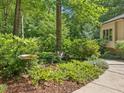 Serene yard featuring lush greenery, mature trees, and garden accents, creating a peaceful outdoor retreat at 120 Spring Hollow Ln, Cary, NC 27518