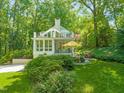 Inviting backyard with a patio area, surrounded by mature trees and lush landscaping for privacy at 612 Swift Ave, Durham, NC 27701