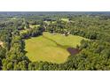 Aerial view of the property showing a large field and pond surrounded by lush trees at 3123 Brassfield Rd, Creedmoor, NC 27522